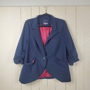 ModCloth Navy Blue Ruched Sleeve‎ Knit Blazer Pink Lining 2X